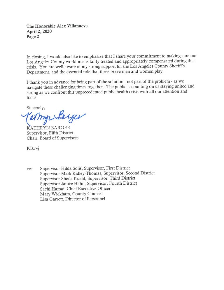 Supervisor Kathryn Barger | Letter To Sheriff Alex Villanueva