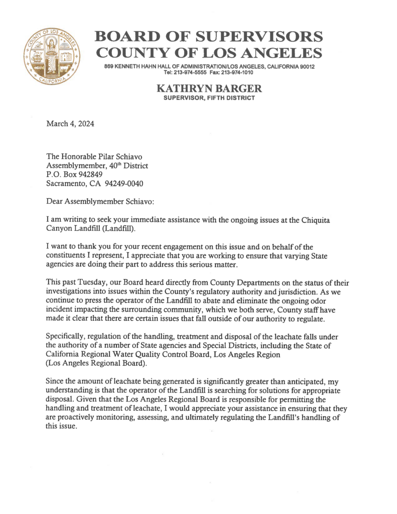 Barger Sends Letter to Assemblymember Schiavo Requesting Support