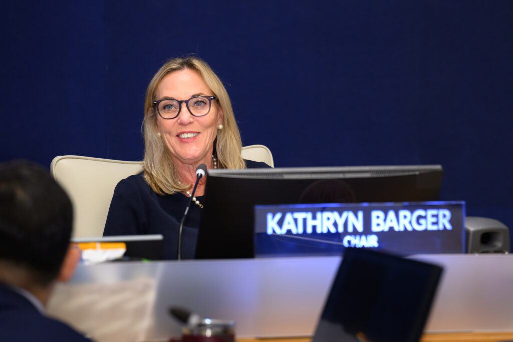 Supervisor Kathryn Barger smiles while chairing the weekly Board of Supervisors meeting.