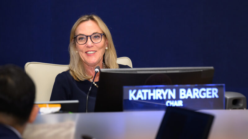Supervisor Kathryn Barger smiles while chairing the weekly Board of Supervisors meeting.