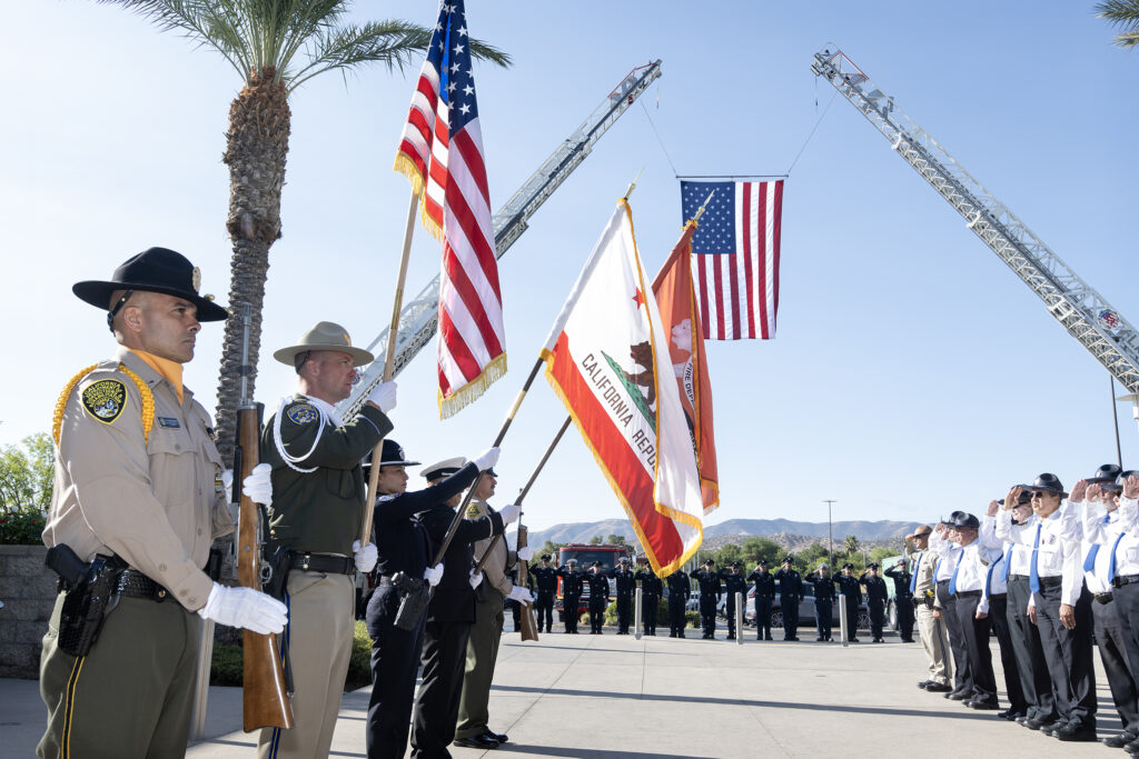 Color Guard of local first responder agencies present flags at the Antelope Valley 9/11 Remembrance Ceremony.