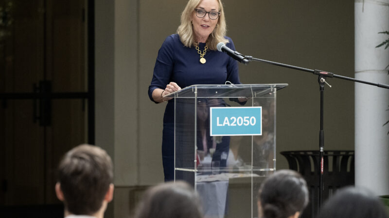 Supervisor Barger speaks at a podium at the LA2050 Grantees Showcase.