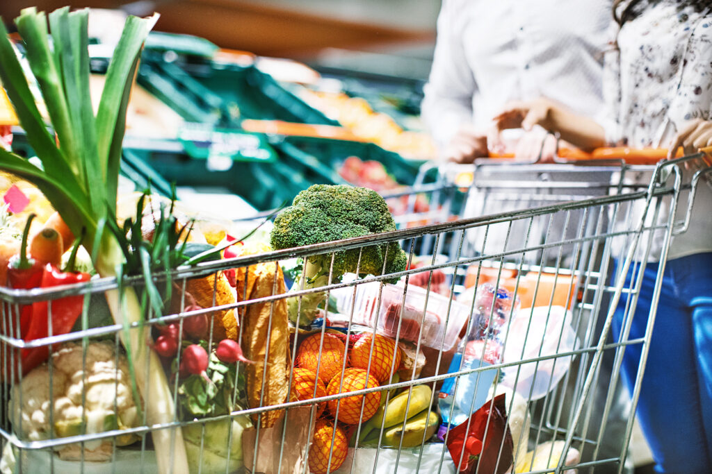 shopping cart full of groceries