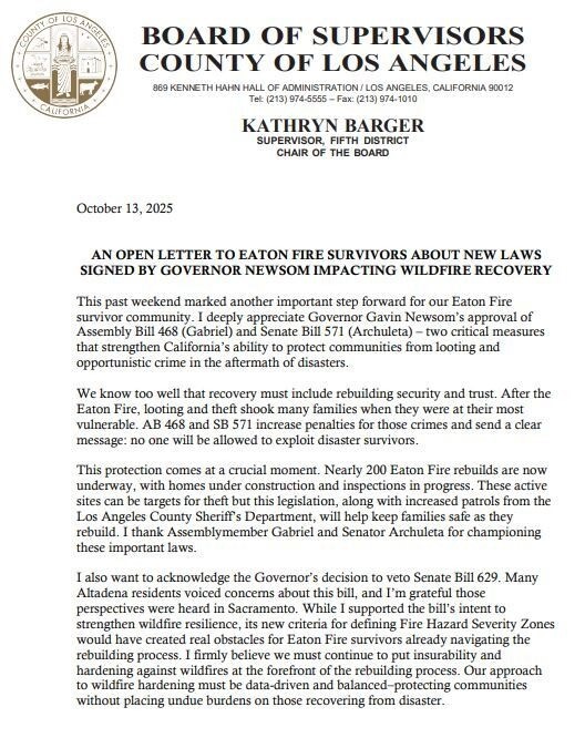 Copy of first page of Supervisor Barger's open letter.