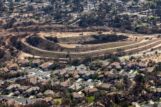 An aerial view of rebuilding in Altadena following the Eaton Fire