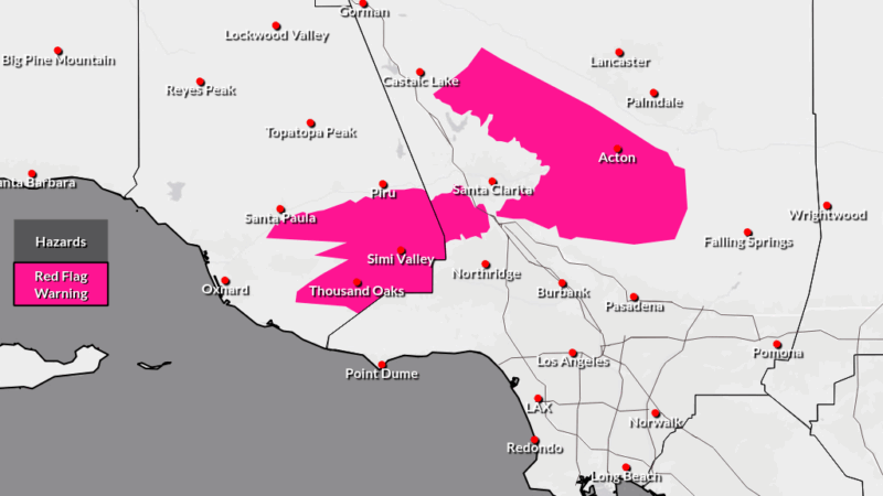 A map of the Red Flag Warning issued by the National Weather Service, impacting parts of Northern Los Angeles County and Ventura County.