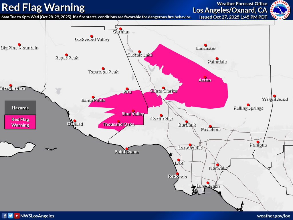 A map of the Red Flag Warning issued by the National Weather Service, impacting parts of Northern Los Angeles County and Ventura County.