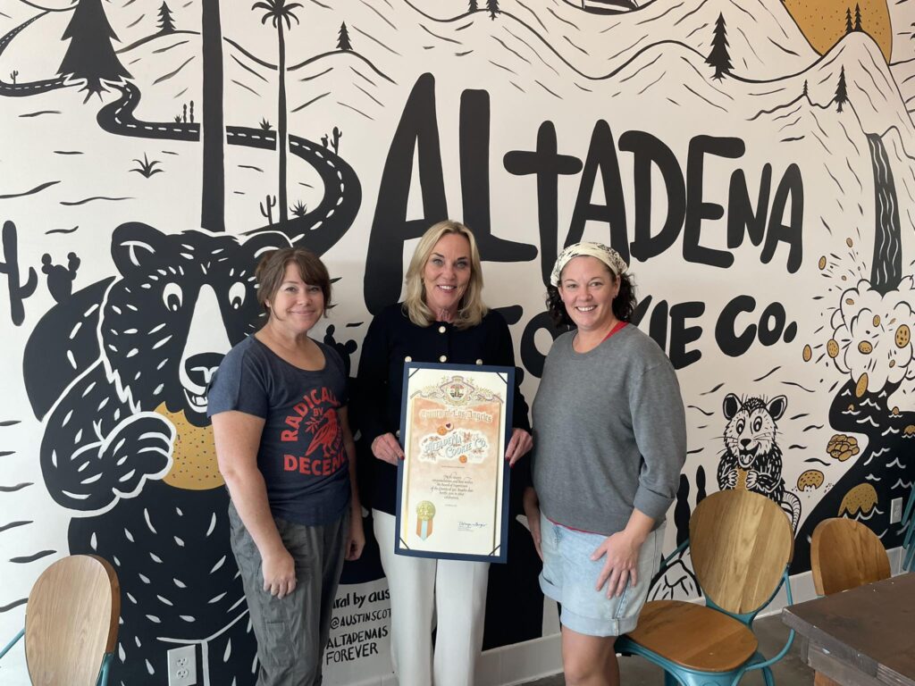 Supervisor Kathryn Barger joins co-owners Michelle Taylor and Jessica Christopher at the grand reopening of the Altadena Cookie Co. on October 29, 2025.