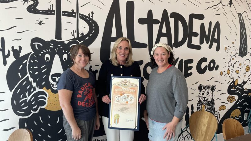Supervisor Kathryn Barger joins co-owners Michelle Taylor and Jessica Christopher at the grand reopening of the Altadena Cookie Co. on October 29, 2025.