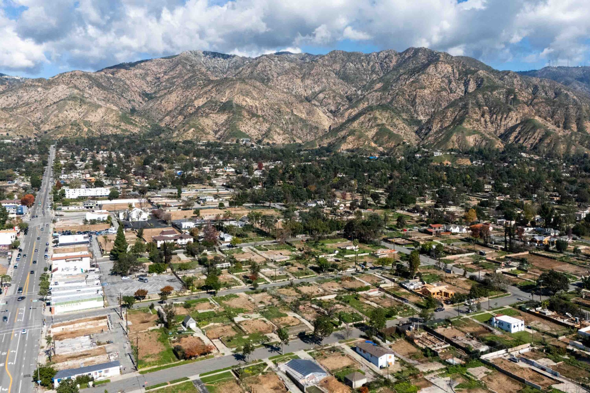 An aerial view of Altadena one year after the Eaton Fire.