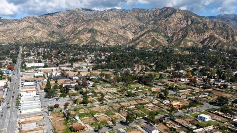 An aerial view of Altadena one year after the Eaton Fire.