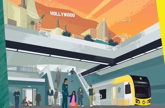 Artistic rendering of a metro train with the Hollywood Sign in the background.